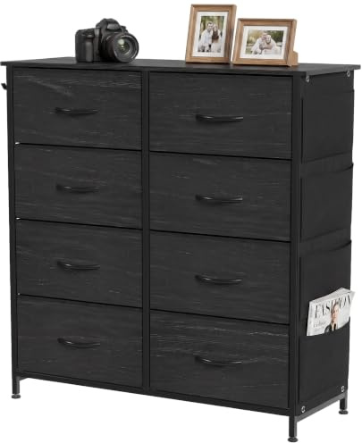 HOMCOM Chest of Drawers for Bedroom, 8 Fabric Drawers, Black | Dresser, Tall Storage Unit, 4 Pockets, 2 Hooks, Steel Frame, Living Room, Hallway