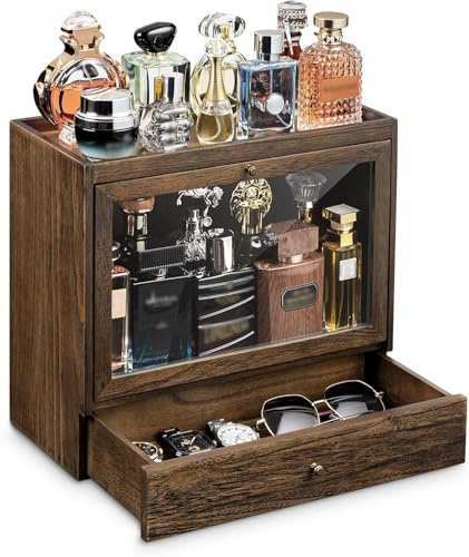 HoldOneLight Men's Cologne Storage Rack, Solid Wood Male Vanity Perfume Organizer, Spacious Dust - Proof Cologne Stand with Drawer, Perfect Present for Loved Ones (brown)