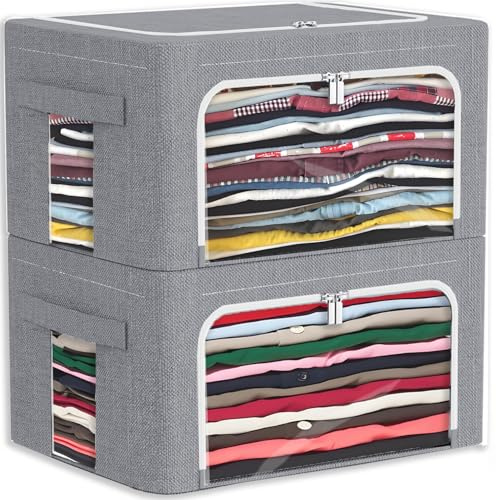 Skupro Storage Boxes with Lids, 2 Pack Grey Storage Organiser with Metal Frame, Linen Fabric Collapsible Storage Box with Clear Window Zippers and Handles, Organizers Containers for Wardrobe (2 Grey)