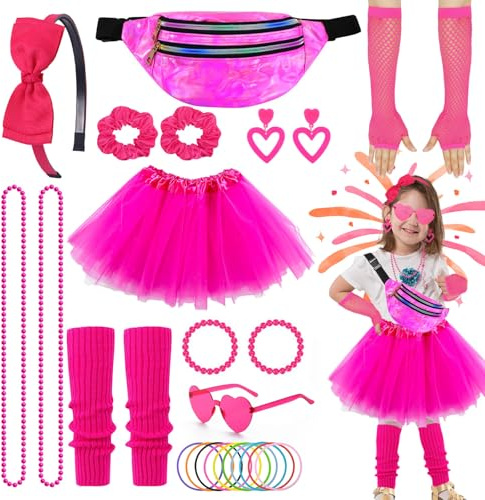 Carreuty 80er 90er Jahre Outfit Damen Mädchen Accessoires, Stirnband, Brille, Netzhandschuhe, Leggings, Haarband, Tutu-Rock, Gürteltasche, Schmuck Karneval Halloween Thema Mottoparty Kostüm
