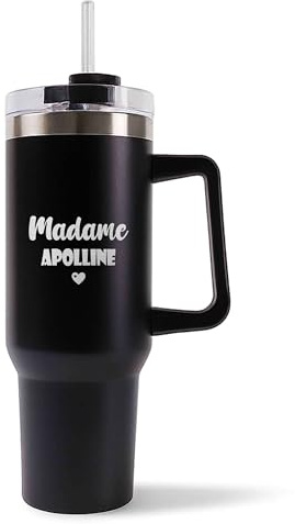 Mug Isotherme 1,2L - Madame Artiste – Bouteille Thermos avec Anse, Paille et Couvercle – Idée Cadeau Gourde Personnalisée