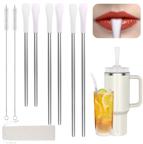 OUTXE Anti Wrinkle Straw 6 Pcs for Stanley, Lip Filler flat Straw Topper | Drinking Straw for 40/ 30 oz Stanley& Yeti& Owala, Reusable Wrinkle Free Long Stainless Steel Metal Straw with Cleaning Brush