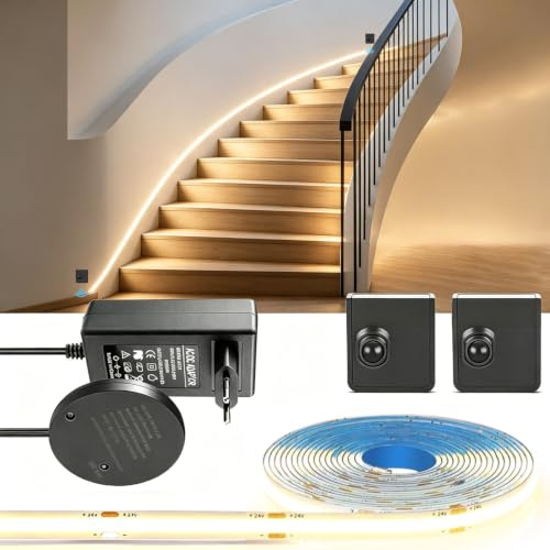 LED Strip mit 2 Bewegungsmelder 3M 24V 320 LEDs/M mit Stecker LED Streifen mit Netzteil Selbstklebend 6000K Weißes Licht Bewegungsaktivierte Licht für Schränke Treppen Flur Schlafzimmer Party,6000k,3M