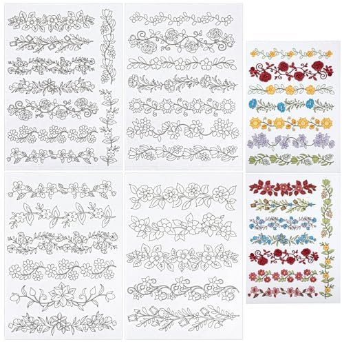 TIESOME 4 Blatt Stickvorlagen Wasserlöslich, Selbstklebende Stickvorlage | Stickmuster Stickvlies Wasserlöslich Stickvlies Stickerei Transferpapier Stickmuster für DIY HandnäHliebhaber Stickerei