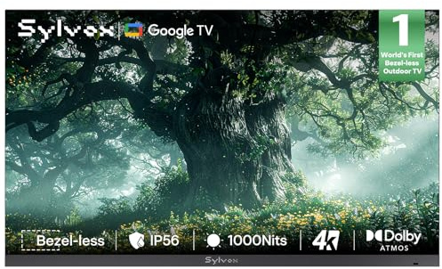 SYLVOX 55 TV da Esterno - Frameless 4K UHD 1000Nits per Aperto, Smart Google Outdoor TV Impermeabile IP56, Dolby Atmos, Wi-Fi, Assistente, Bluetooth, Ideale per Giardino/Terrazzo (Frameless /2026)