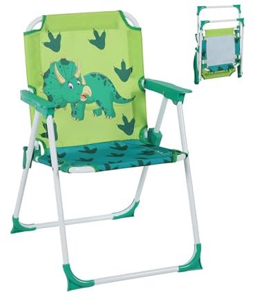Relaxdays Kinder Klappstuhl, Campingstuhl mit Dino-Motiv, HBT: 51,5x36x37,5 cm, Picknickstuhl Outdoor, Faltstuhl, bunt