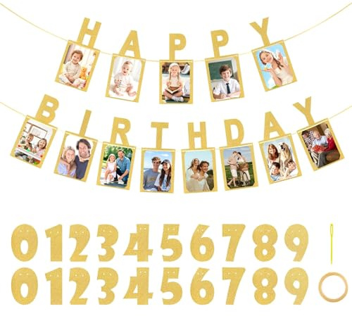 Rusokufo Individuelles Geburtstagsdekorationen Banner Set, Personalisierte Gold Glitzer Schrift für 1., 30., 50. Geburtstag, Feierlicher Hintergrund für Frauen, Männer, Jungen & Mädchen Geeignet