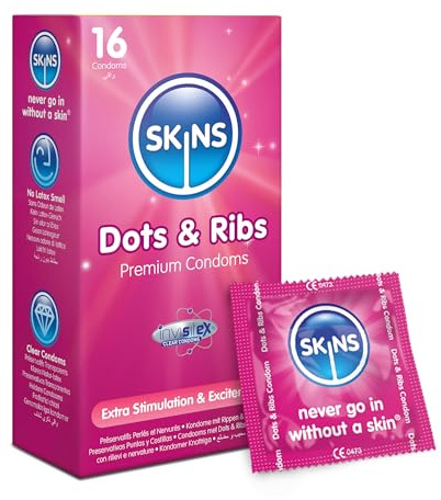 Skins Dots & Ribs Condoms 16 Pack - Ribbed and Dotted Condoms for Men - Thin Feel, Extra Lubricated & Clear - Long-Lasting Bulk for Men with Maximum Texture & Comfort