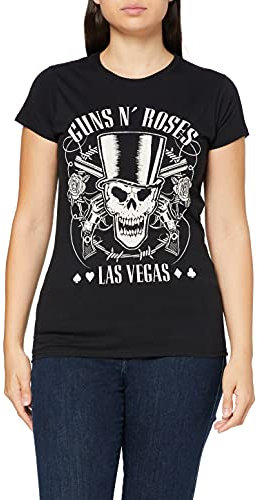 Guns & Roses Women's Guns N' Roses Top Hat, Skull & Pistols Las Vegas T-Shirt, Black (Black Black), 8