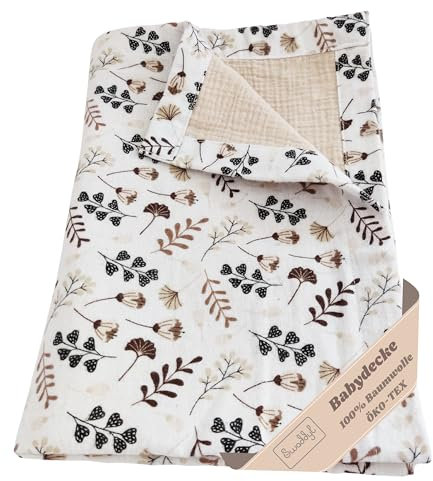 Swaddyl Musselin Decke Baby - Kinderwagen Decke - Sommerdecke - Babydecke Beige 75x100cm zweilagig - Erstaustattung Neugeborene (Blumen)
