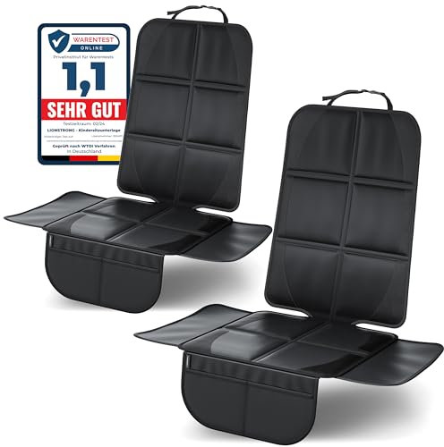 LIONSTRONG® Kindersitzunterlage Autositzschoner [ISOFIX GEEIGNET] - wasserabweisender Polyester Stoff schwarz - Sitzschutz Sitzschoner Auto Kindersitz - universell kompatibel (Schwarz, 2 Stück)