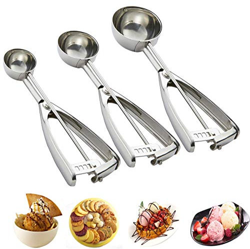SZRWD Keksschaufel-Set, Eisportionierer-Set, 3er-Set Eisportionierer Auslöser, 18/8 Edelstahl, Eiscreme, Kekse, Teigschaufel, Melonenballer, Kartoffelbrei, 4 cm, 5 cm, 6,3 cm