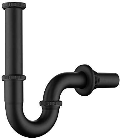 Siphon de Lavabo Noir Mat, Keymark Laiton Universel Syphon avec Extra long Tube d'extension et Mural, 1 1/4 x 32mm Design U Sifon Evier Salle de Bain