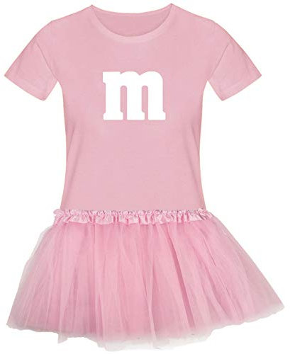 T-Shirt M&M + Tüllrock Karneval Gruppenkostüm Schokolinse 11 Farben Damen XS-3XL Fasching Verkleidung M's Fans Tanzgruppe, Größenauswahl:XL, Farbauswahl:rosa - Logo Weiss (+Tütü rosa)
