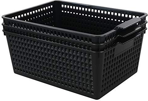 Yarebest Large Plastic Storage Basket Box, Cupboard Storage Baskets, 3-Pack (Black)