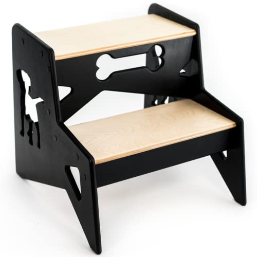 Escabeau en Bois pour Enfants Petit Deux marches Adulte escabeau Enfant à Utiliser dans la Cuisine, la Salle de Bain ou Tout Autre Endroit, Peut contenir jusqu'à 100 kg (Noir with Dog)