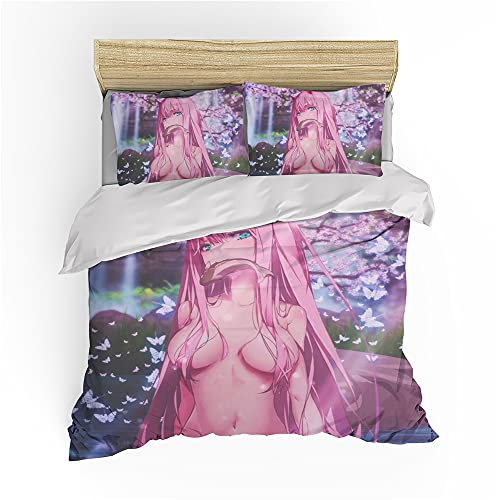 NICHIYOBI Darling in The FRANXX Zero Two Bettbezug Bettwäsche Set - Bettbezug und Kissenbezug,Mikrofaser,3D Digital Print dreiteiliger Bettwäsche (18,King 240 * 220cm+80 * 80cm)