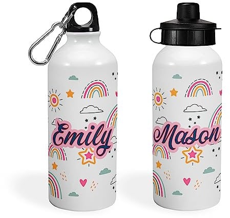 Print Maniacs Personalised Water Bottle School Sport Cap Drink White Silver 600ml or 400ml Aluminium Kid Boys Girls Biking Gift Be A Rainbow (White, 400ml)