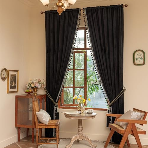 Helen curtain Luxus Pom Poms Vorhang für Wohnzimmer Verdunkelung Samt 2 Paneele