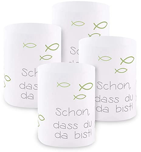 Windlicht Fisch Deko, 8 Stück Mini Tischlichter Kerzen Deko als Tischdeko für Junge und Mädchen Kommunion Konfirmation Taufe Teelichter I Schön DASS du da bist I ca. 8,0 x 10,0 cm (Grün)