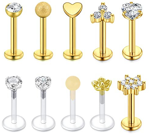 VFUN 16G Lippenpiercing Labret Piercing Stab 8MM Chirurgenstahl Tragus Piercing Diamond CZ Herz Medusa Piercing Forward Helix Piercing für Damen 10 Stück Ashley Piercing Lippe Gold