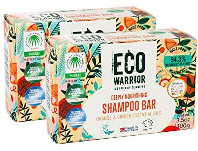 Eco Warrior Deeply Nourishing Shampoo Bar Duo Pack 100gx2 | Vegan, Cruelty Free, Natural, No SLS or Parabens| Cleansing & Hydrating Pink Clay, Pure Orange & Ginger Essential Oil | Gifts for Her or Him