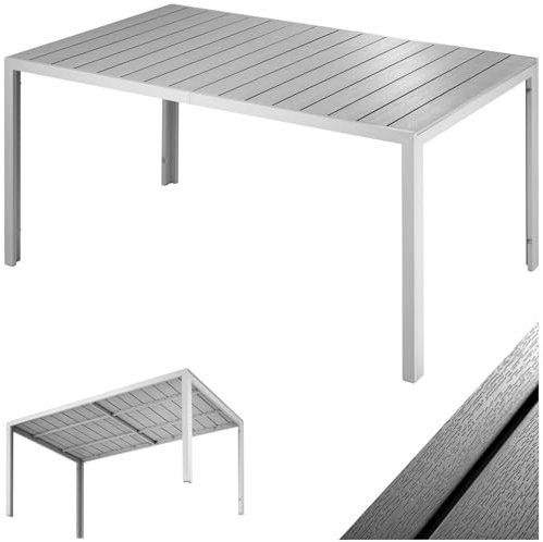 TecTake® Tavolo da Giardino Rettangolare, Telaio in Alluminio Inossidabile, Piano con Listelli Effetto Legno, Piedi Regolabili in Altezza, Design Moderno, 150x90x74,5 cm - Grigio/Argento