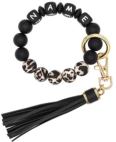 Starsprairie Portachiavi con braccialetto personalizzato Portachiavi con perline in silicone elastico Braccialetto con nappa Portachiavi per auto portatile da casa (Black+Leopard)