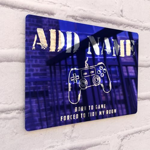 ShopQuality4U Personalised Game Metal Mirror Gamer Sign - Customised Printed Wall Art Plaque A3 Born to Game