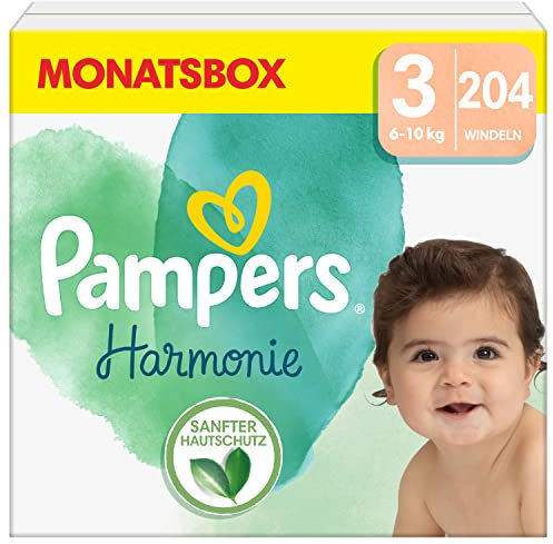 Pampers Harmonie Couches Taille 3, 204 Couches, 6kg - 10kg, Protection Douce Pour La Peau Et Ingrédients d’Origine Végétale