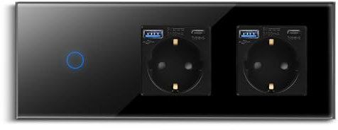 CNBINGO Interruptor de luz táctil con doble enchufe con puertos USB (tipo C y tipo A 3,1 amp total) – Enchufe USB Schuko empotrado – Interruptor de pared de cristal simple en Negro – 1 vía