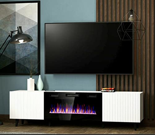 Meuble TV Blanc 180x49x40cm avec Cheminée chauffante intégrée Palace sur Pieds