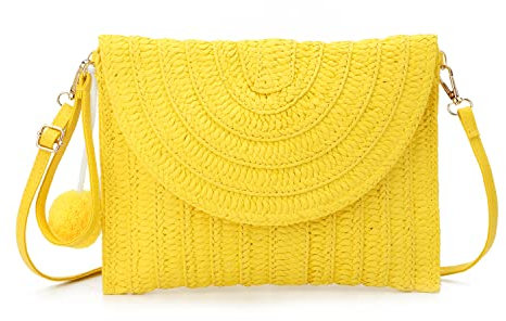 Syrads Sac à main d'embrayage de soirée en paille pour femme Sac à main de plage d'été Sac d'enveloppe tissé en paille,Jaune C