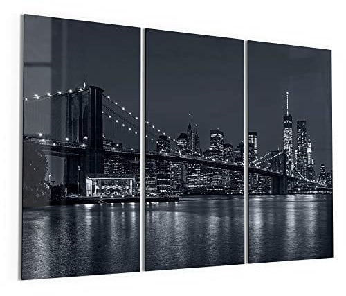 DEQORI Glasbilder Acrylglas | Motiv Manhattan Bridge nachts | horizontal 3-teilig 150x100 cm | große XXL Deko | Wandbilder für Wohnzimmer, Schlafzimmer, Flur & Küche | moderne Wanddeko