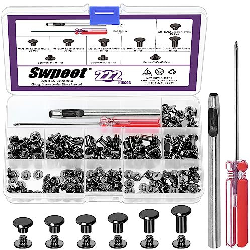 Swpeet Lot de 110 rivets Chicago en cuir de 6 tailles M5 x 4 mm/5 mm/6 mm/8 mm/10 mm/12 mm avec kit d'outils d'installation, rivets à vis M5 Chicago pour réparation du cuir