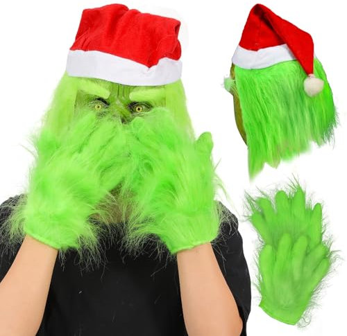 nezababy Weihnachtsmaske mit Weihnachtsmütze, Monster Handschuhe, Latex-Maske, Christmas Kostüm Zubehör, Party Requisiten