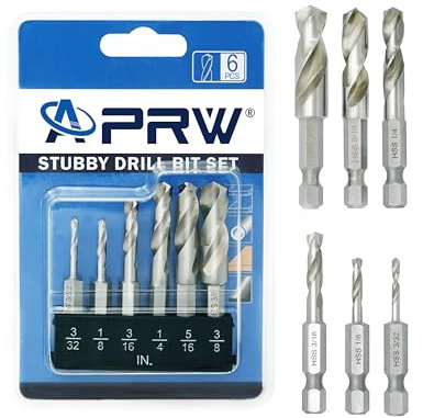 APRW Stubby Drill Bit Set for Metal,6 pcs 1/4 Hex Shank M2 HSS for Quick Change,Short Drill Bits for Right Angle Adapter and Tight Spaces,Metal Drill Bits for Metal, Wood, Plastic, etc.