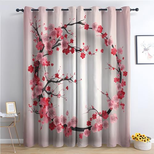 THYUNQ Rideau Occultant, Motif Fleur de Cerisier Japonais - Rideaux Thermiques Imprimé pour Salon Chambre Fenetre, Lot de 2 Rideaux et Draperies Intérieurs à Oeillets, 140x240 cm (L x H)