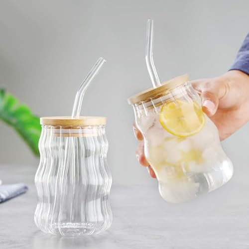 LORESJOY Lot de 2 Tasses en Cristal à Rayures Avec Couvercle,500ml Paille Et Large Goulot pour Jus, Lait, Café,Highball Gobelet Eau Verres à Jus Soda Limonade Tumbler à Cocktail
