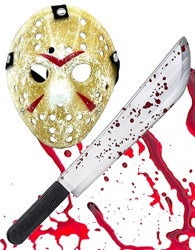 Adult Unisex Jason Voorhees Hockey Mask + Bloody Machete - Jason Halloween Cosplay Fancy Dress Accessory Set (Jason Mask & Machete)