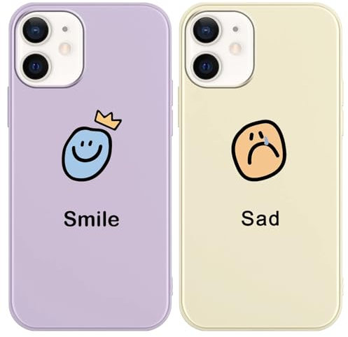 RUMDEY 2 Stück Happy Sad Smiles Face Print Mädchen Frau Handyhülle für Apple iPhone 12/12 Pro 15,5 cm (6,1 Zoll), ästhetisch, matt, weich, schlank, stoßfest, TPU-Silikon, Bumper Cover für iPhone 12