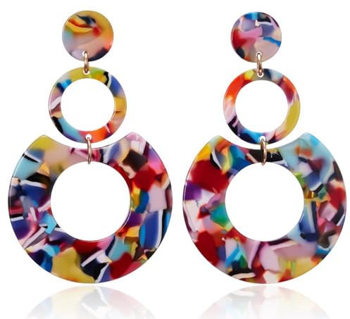 Wendalern Boucles d'oreilles rondes en résine acrylique géométrie cercle boucles d'oreilles pendantes Vintage multicolore rond cercle boucles d'oreilles bijoux pour femmes filles