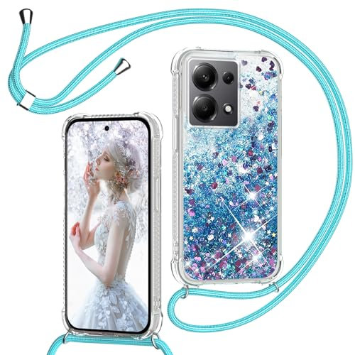 Handyband für Xiaomi Redmi Note 13 4G(Nicht für 5G) Hülle mit Band, Glitzer Treibsand Handyhülle mit Kordel zum Umhängen Transparent Stoßfest Schutzhülle mit Kette Schnur, Quicksand Case in Blau