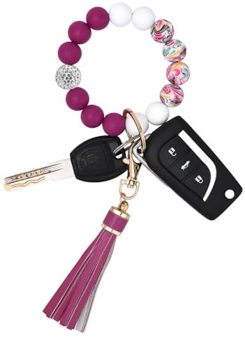 BAOSIWA Silikon-Perlenarmband, Schlüsselanhänger, Pflaume, Blume, Schlüsselanhänger, Armreif, Ketten, Weihnachtsgeschenke für Frauen und Mädchen, mit Lederquaste, Blume, Pflaume, Einheitsgröße