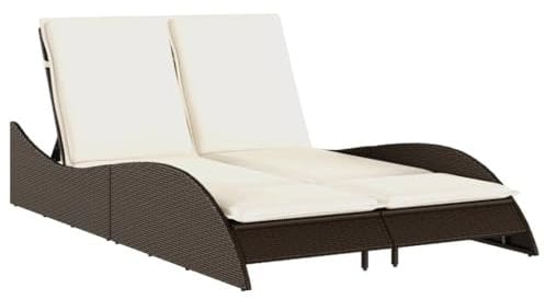 vidaXL Sonnenliege, Gartenliege mit Auflagen, Relaxliege Doppelliege Verstellbare Rückenlehne, Gartenmöbel Strandliege Stahlrahmen, Braun Poly Rattan