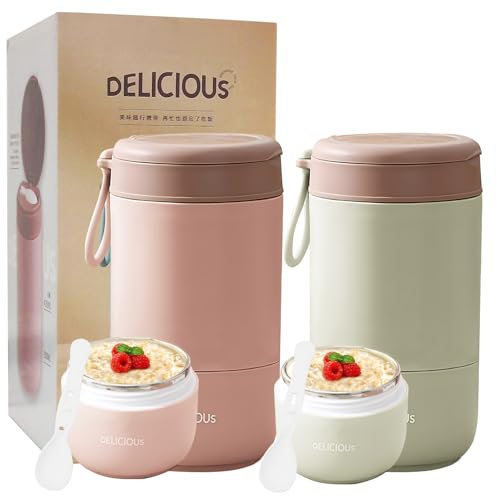 Chedin Müslibecher To Go mit Deckel, Edelstahl Porridge Becher 730ml Auslaufsicher joghurtbecher to go mit löffel und Deckel,Doppelschicht Auslaufsicherer Einmachgläser perfekt für Arbeit (Rosa+Grön)