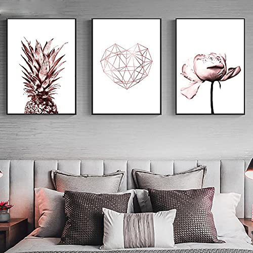 GLWDMB Bilder 3er Set, Wandbilder Wohnzimmer, Leinwand Bilder, Roségoldene Pfingstrosen-Blumen-Ananas Bilder Schlafzimmer, Geometrisches Herz-Poster Leinwandbilder Zimmer Deko Aesthetic, Ungerahmt