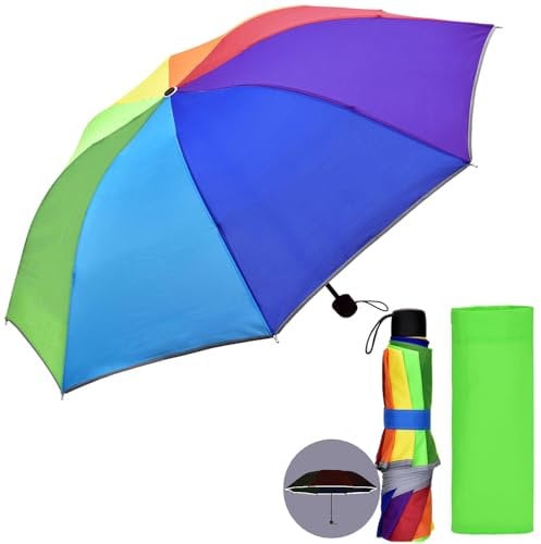 Willingood Kinder Regenschirm, Regenbogen Kinderschirm, Reflektierenden Streifen | 250g Leicht | 94cm | 210T Pongé Wasserdichtes, Kleine Taschenschirme