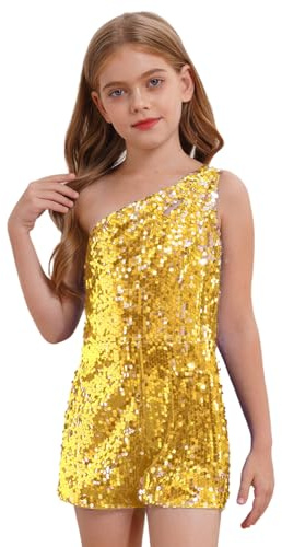 dPois Mädchen Glitzer Tanzanzug Kurz Overall Jumpsuit EIN-Schulter Strampler Pailletten Turnanzug Latein Cha Cha Jazz Tanz Outfit