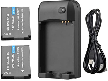 Pretfy NP-6L Battery Charger with LED Indicator Light + 2pcs NP-6L Batteries 3.7V 700mAh with USB Charging Cable
